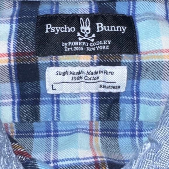 Psycho Bunny Navy Plaid Button Up Flannel Shirt Size Large - Picture 4 of 5